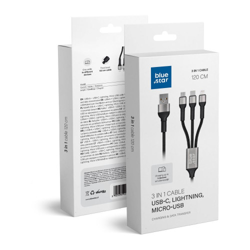 Dátový kábel Blue Star - 3v1 so zásuvkami micro USB, USB C a Lightning