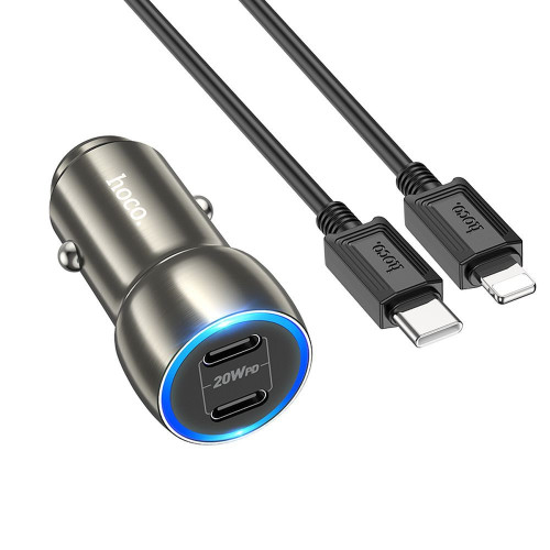 HOCO nabíjačka do auta 2 x typ C + kábel typ C na LightningPD QC3.0 3A 40W Z48 kovovo sivá