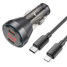 HOCO nabíjačka do auta 2 x typ C s digitálnym displejom + kábel Typ C na Lightning PD QC3.0 3A 60W priehľadná čierna