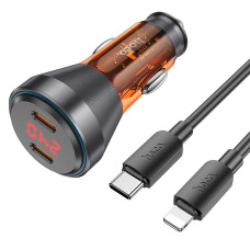 HOCO nabíjačka do auta 2 x typ C s digitálnym displejom + kábel typ C na Lightning PD QC3.0 3A 60W priehľadná oranžová