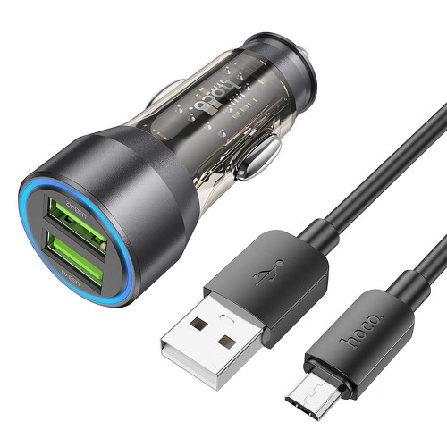 HOCO nabíjačka do auta 2 x USB A + kábel USB A na Micro USB QC3.0 3A 36W NZ12 transparentná čierna