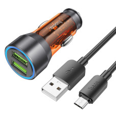 HOCO nabíjačka do auta 2 x USB A + kábel USB A na Micro USB QC3.0 3A 36W NZ12 transparentná oranžová