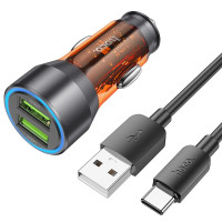 HOCO nabíjačka do auta 2 x USB A + kábel USB A na typ C QC3.0 3A 36W NZ12 transpatentná oranžová