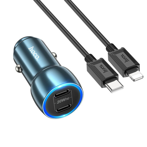 HOCO nabíjačka do auta 2x typ C + kábel typ C na Lightning PD QC3.0 3A 40W Z48 zafírovo modrá