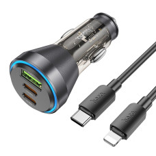 HOCO nabíjačka do auta USB A + 2 x typ C + kábel typ C na Lightning PD QC3.0 3A 60W NZ12D transparentná čierna