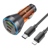 HOCO nabíjačka do auta USB A + 2 x typ C + kábel typ C na Lightning PD QC3.0 3A 60W NZ12D transparentná oranžová