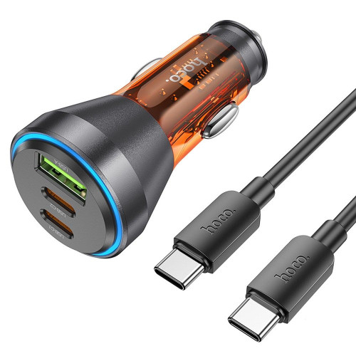 HOCO nabíjačka do auta USB A + 2 x Typ C + kábel Typ C na Typ C PD QC3.0 3A 60W NZ12D transparentná oranžová