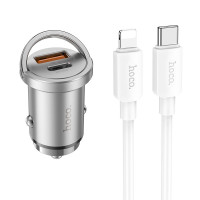 HOCO nabíjačka do auta USB A + typ C + kábel typ C na Lightning PD QC3.0 4A 45W NZ10 strieborná