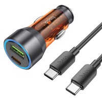 HOCO nabíjačka do auta USB A + Typ C + kábel Typ C na Typ C PD QC3.0 3A 43W NZ12A transparentná oranžová