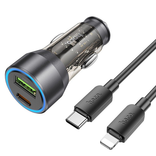 HOCO nabíjačka do auta USB A + typ C + kábel typu C do Lightning PD QC3.0 3A 43W NZ12A transparentná čierna