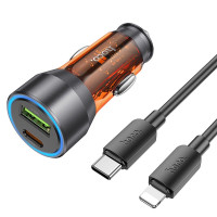 HOCO nabíjačka do auta USB A + typ C + kábel typu C do Lightning PD QC3.0 3A 43W NZ12A transparentná oranžová