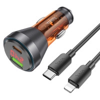 HOCO nabíjačka do auta USB A + typ C s digitálnym displejom + kábel typ C na Lightning PD QC3.0 3A 48W NZ12B transparentná oranžová