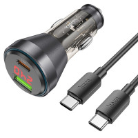 HOCO nabíjačka do auta USB A + typ C s digitálnym displejom + kábel typ C na typ C PD QC3.0 3A 48W NZ12B transparentná čierna