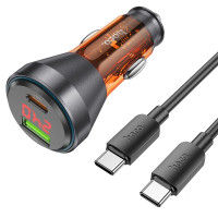 HOCO nabíjačka do auta USB A + typ C s digitálnym displejom + kábel typ C na typ C PD QC3.0 3A 48W NZ12B transparentná oranžová