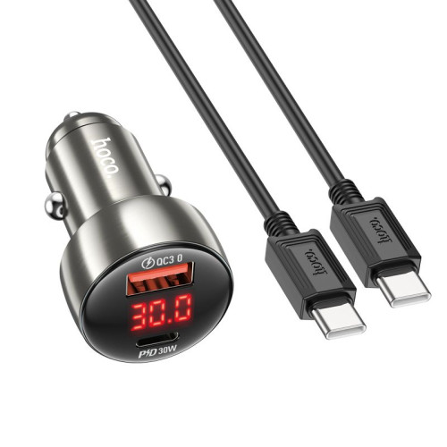 HOCO nabíjačka do auta USB A + typ C s digitálnym displejom + kábel typ C na typ C PD QC3.0 3A 48W Z50 kovovo sivá