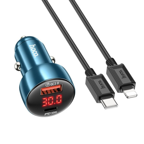 HOCO nabíjačka do auta USB A + typ C s digitálnym displejom + kábel typ C na typ C PD QC3.0 3A 48W Z50 modrá