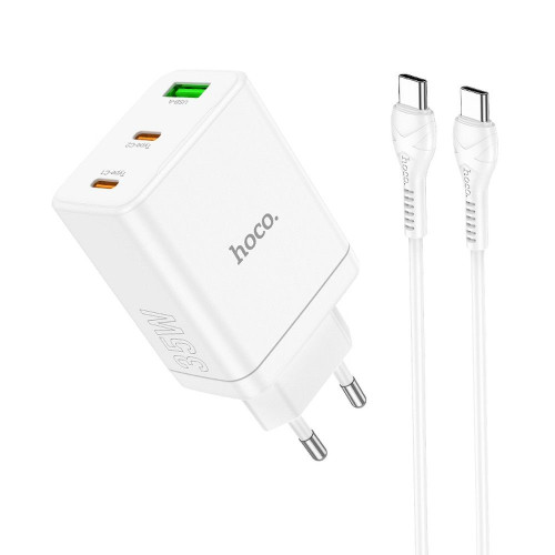 Nabíjačka HOCO 2 x typ C + USB A + kábel Typ C na typ C PD QC3.0 3A 35W N33 biela