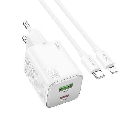 Nabíjačka HOCO USB A + typ C + kábel typ C na Lightning PD QC 3A 20W N41 biela