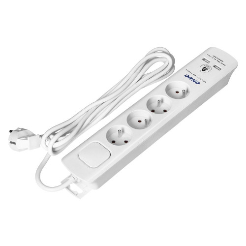 Napájacia lišta s prepäťovou ochranou, 4 zásuvky 2P+E 2xUSB, kábel 3x1,0 mm2, dĺžka 3 m, biela (OR-AE-13243/W/3M)