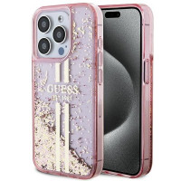 Originálne puzdro GUESS GUHCP15LLFCSEGP pre iPhone 15 Pro (Liquid Glitter Gold Stripes / pink)