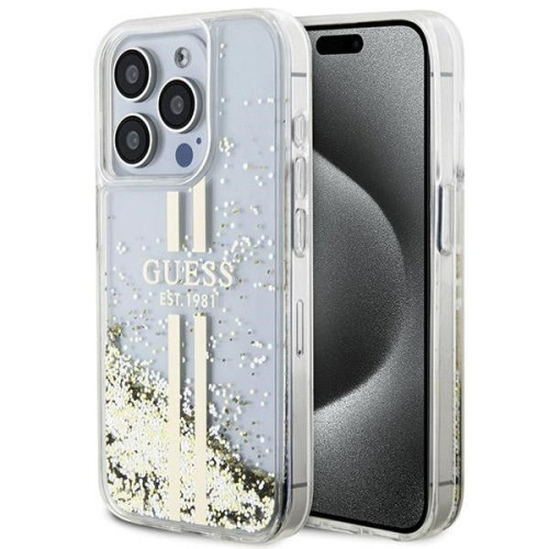 Originálne puzdro GUESS GUHCP15LLFCSEGT pre iPhone 15 Pro (Liquid Glitter Gold Stripes / transparentné)