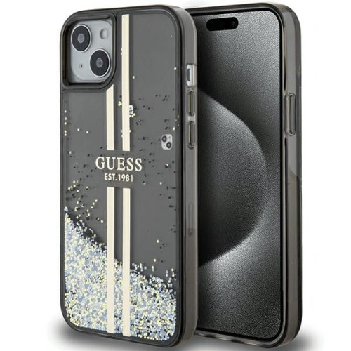 Originálne puzdro GUESS GUHCP15SLFCSEGK pre iPhone 15 (Liquid Glitter Gold Stripes / black)