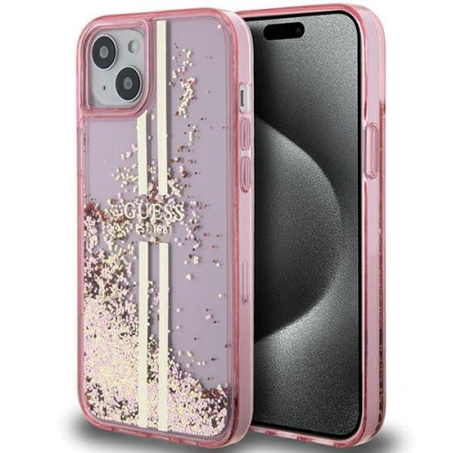 Originálne puzdro GUESS GUHCP15SLFCSEGP pre iPhone 15 (Liquid Glitter Gold Stripes / pink)