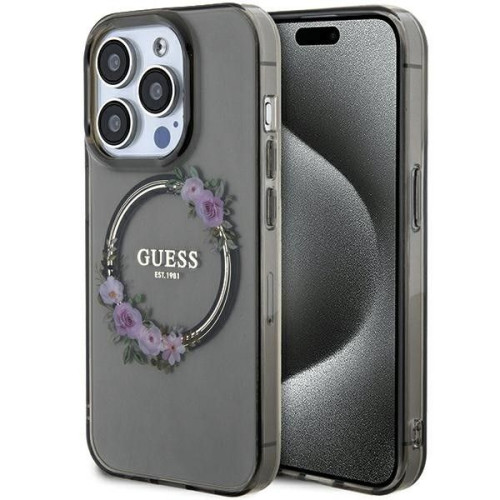 Originálne puzdro GUESS GUHMP15LHFWFCK pre iPhone 15 Pro (kompatibilné s Magsafe / Flowers Wreath / black)