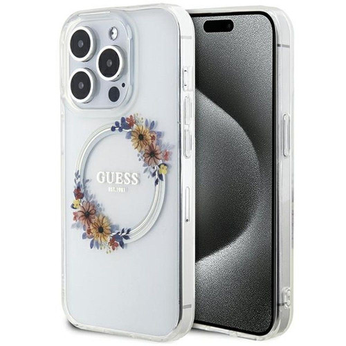 Originálne puzdro GUESS GUHMP15LHFWFCT pre iPhone 15 Pro (kompatibilné s Magsafe / Flowers Wreath / transparentné)