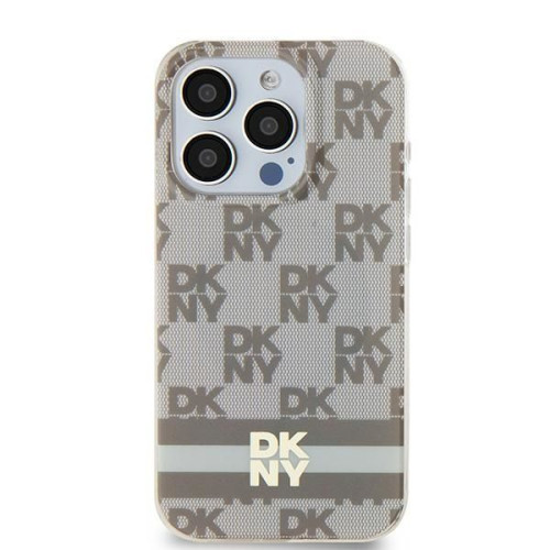 Puzdro DKNY pre IPHONE 15 kompatibilné s MagSafe DKHMP15SHCPTSE (DKNY HC MagSafe PC TPU Checkered Pattern W/Printed Stripes) béžové