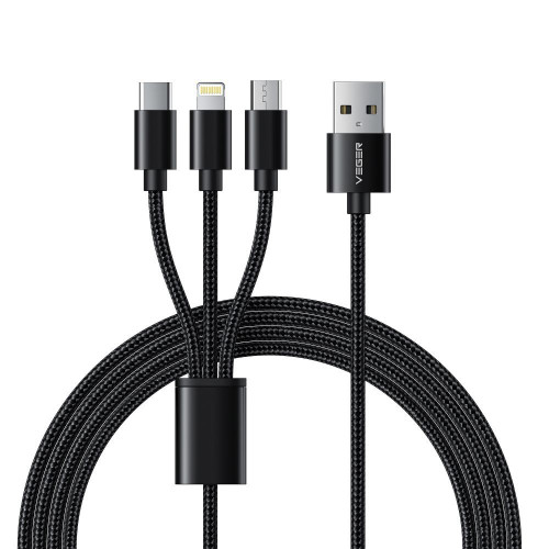 VEGER kábel 3v1 USB na typ C + Apple Lightning 8-pin + Micro 2A V303 1,2 m čierny