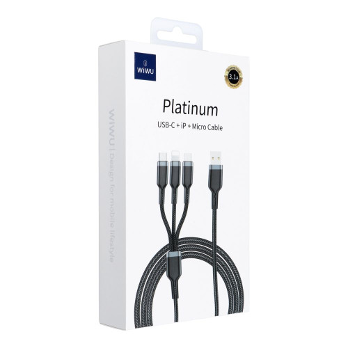 WiWU - Dátový kábel radu Platinum Wi-C014 3w1 USB A na USB C, Micro USB, Lightning 3,1A 1,2 m - čierny